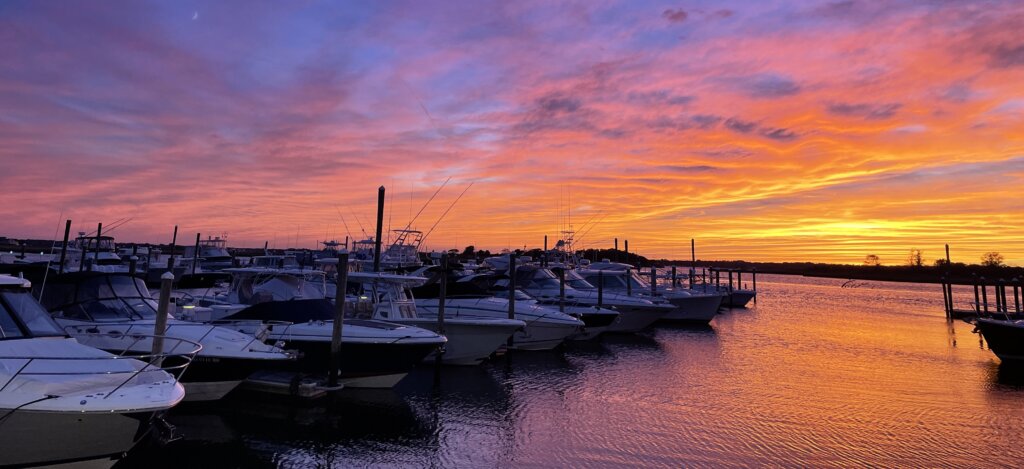 Marina and homes between the Atlantic Ocean and Shresbury River in Sea Bright, NJ