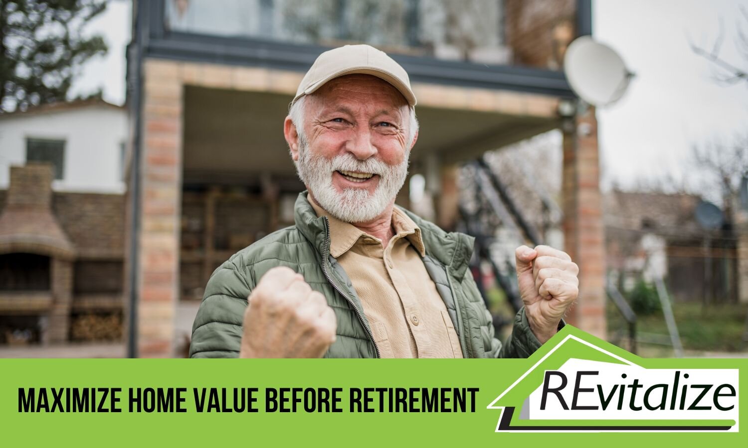 A smiling retiree standing proudly in front of his home, representing the benefits of maximizing home value before retirement with REvitalize Property Solutions. Sell as-is and stress-free today.