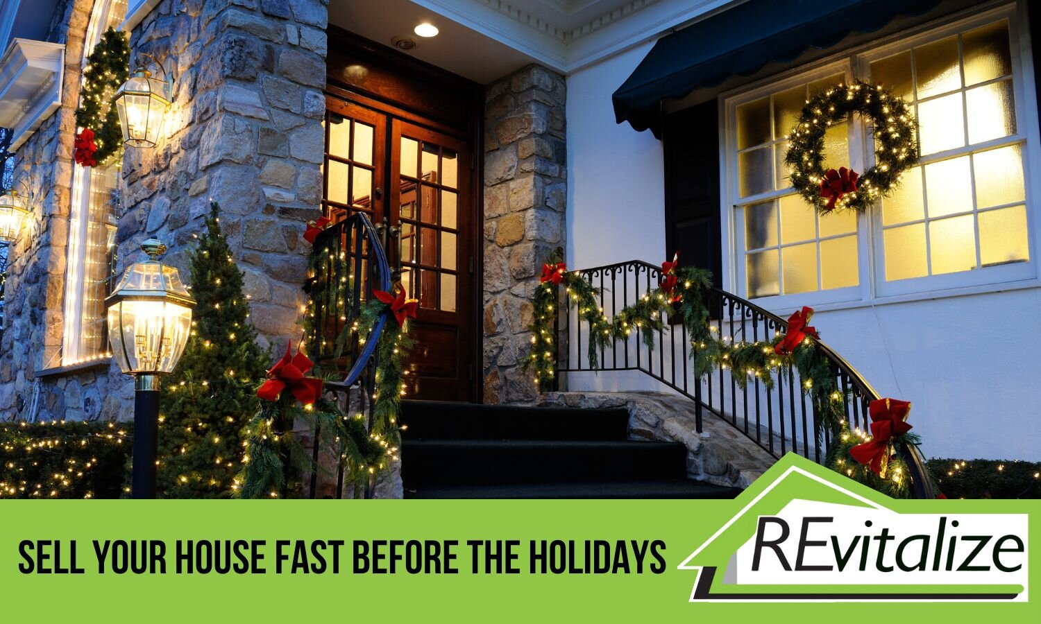 Brightly lit, holiday-decorated home with garlands and wreaths, showcasing the ease of selling your house fast before the holidays with REvitalize Property Solutions. Simplify your holiday season with a quick, stress-free home sale.
