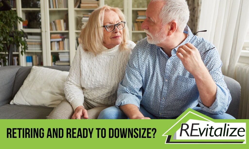 Senior couple discussing plans for retiring and ready to downsize, with the REvitalize Property Solutions logo highlighting solutions for simplifying their move.