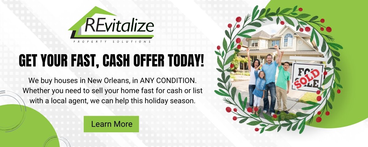 Family celebrating the sale of their home during the holiday season, surrounded by a wreath design, with the message ‘Get your fast, cash offer today!’ from REvitalize Property Solutions.