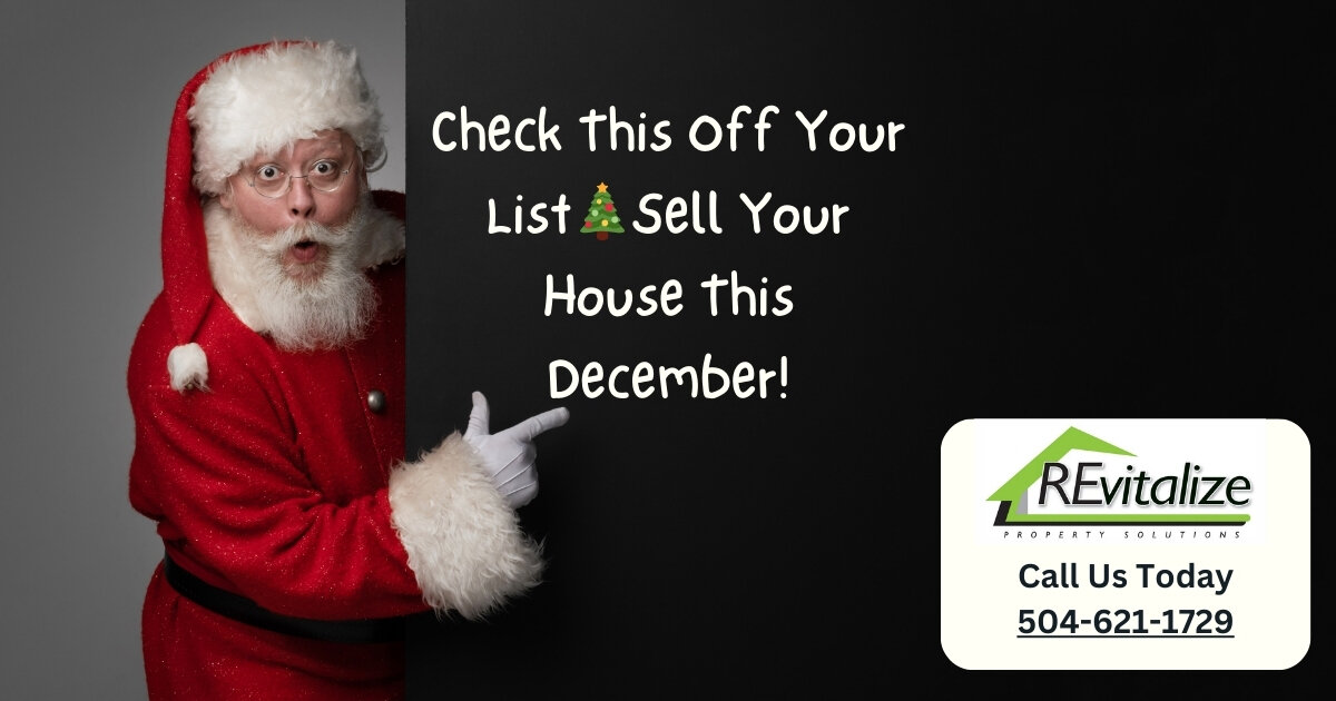 Santa pointing to a message reading ‘Check this off your list 🎄 Sell your house this December!’ alongside the REvitalize Property Solutions logo and contact information.