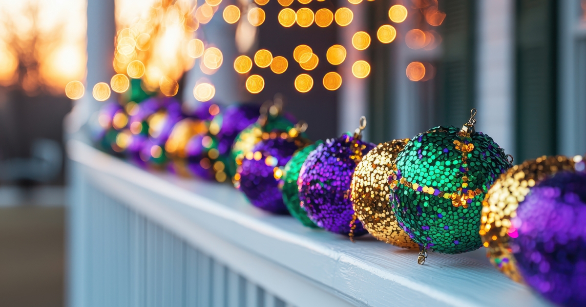 A porch decorated with purple, green, and gold Mardi Gras ornaments, capturing the festive spirit of New Orleans during the carnival season.