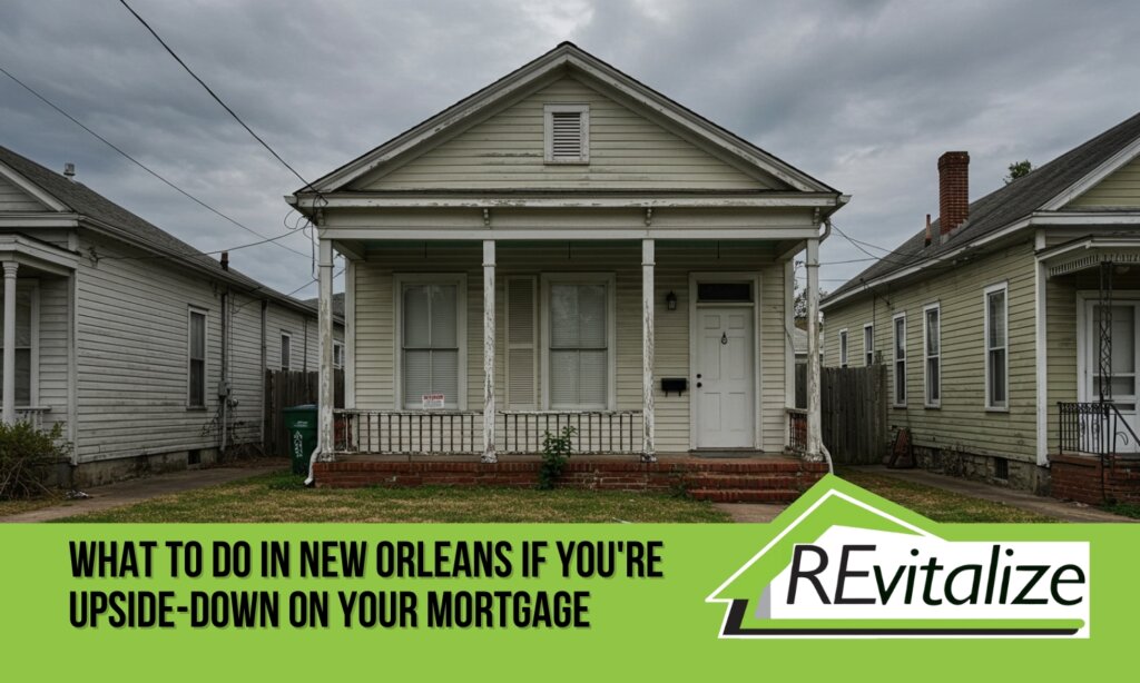 Front view of a distressed New Orleans shotgun-style house with overgrown grass and peeling paint, used to illustrate options for homeowners who are upside-down on their mortgage, with REvitalize Property Solutions branding.