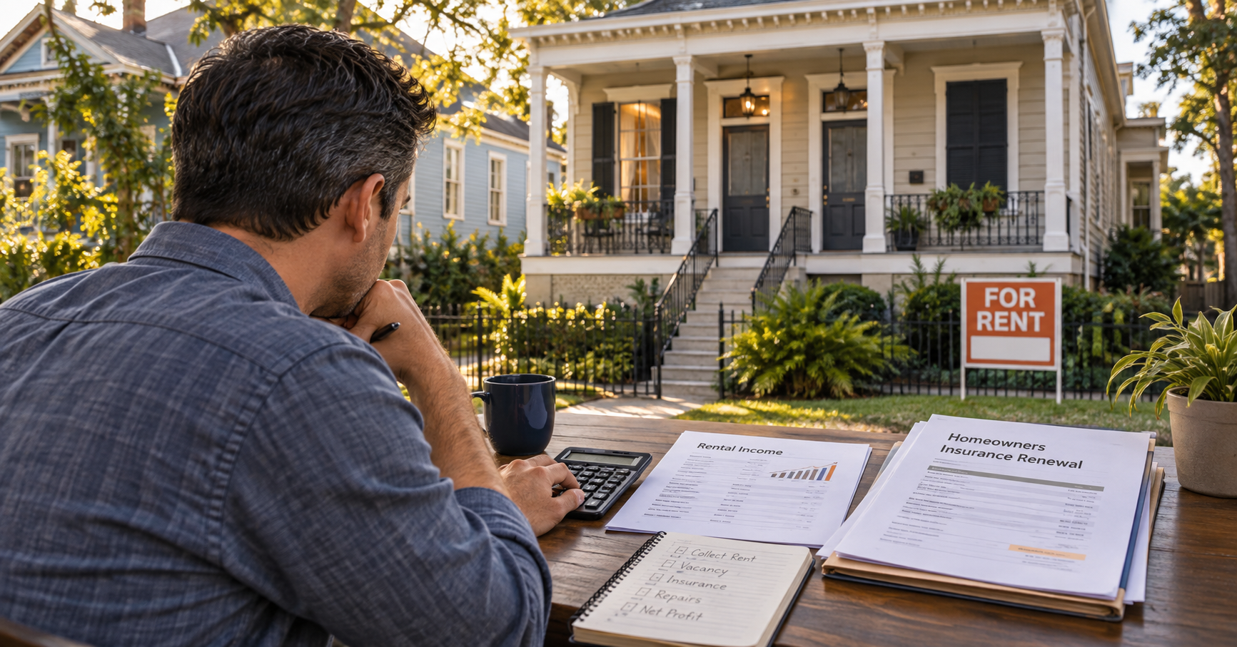 New Orleans rental property owner reviewing rental income and rising homeowners insurance costs