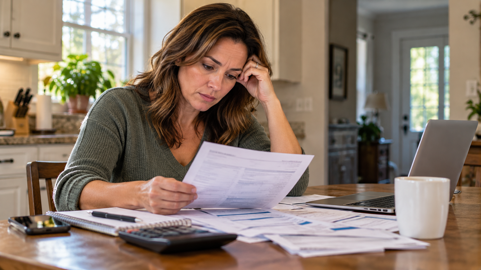Homeowner reviewing mortgage statements and household bills at a kitchen table