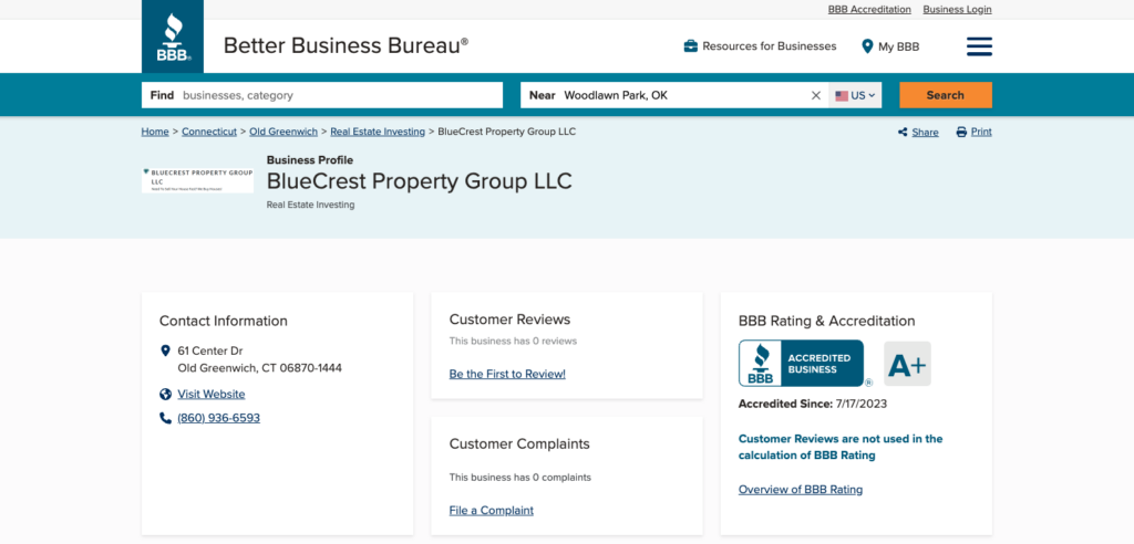 BlueCrest Property Group profile on the BBB website
