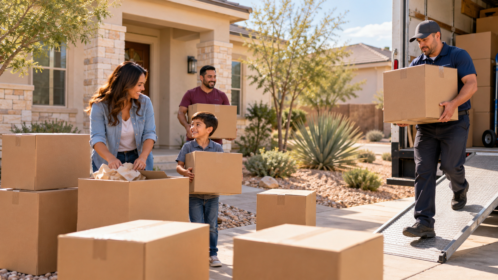 Illustrative scene: a family preparing to move from a West Texas home with help from a mover.