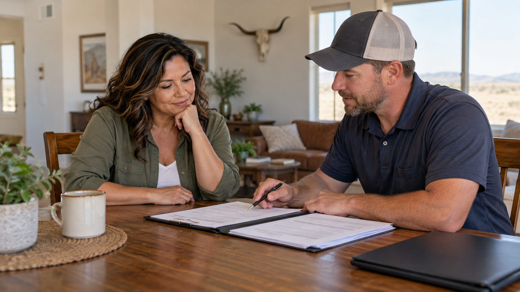 Illustrative scene: a homeowner and local homebuyer reviewing a purchase proposal.