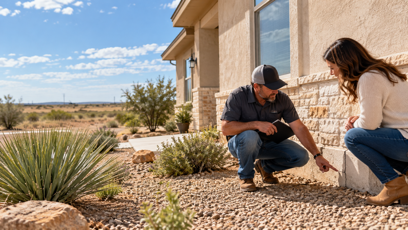 Illustrative scene: a foundation specialist inspecting a West Texas home's exterior with a homeowner.