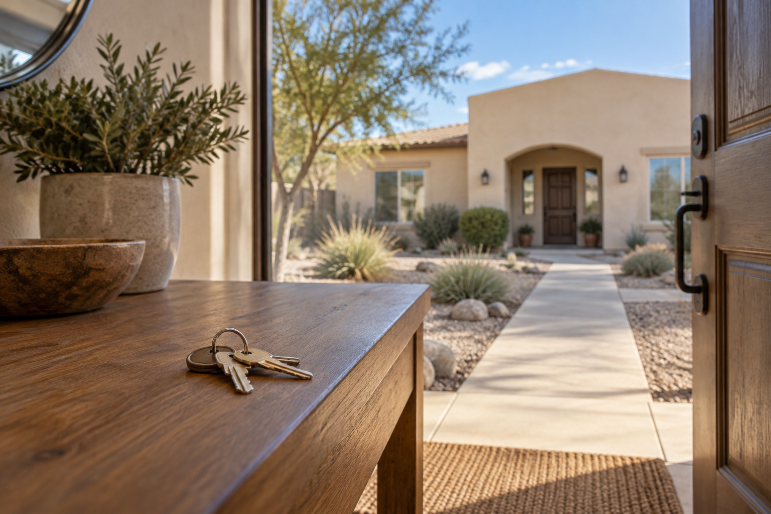 House keys near a front door with a West Texas home in the background