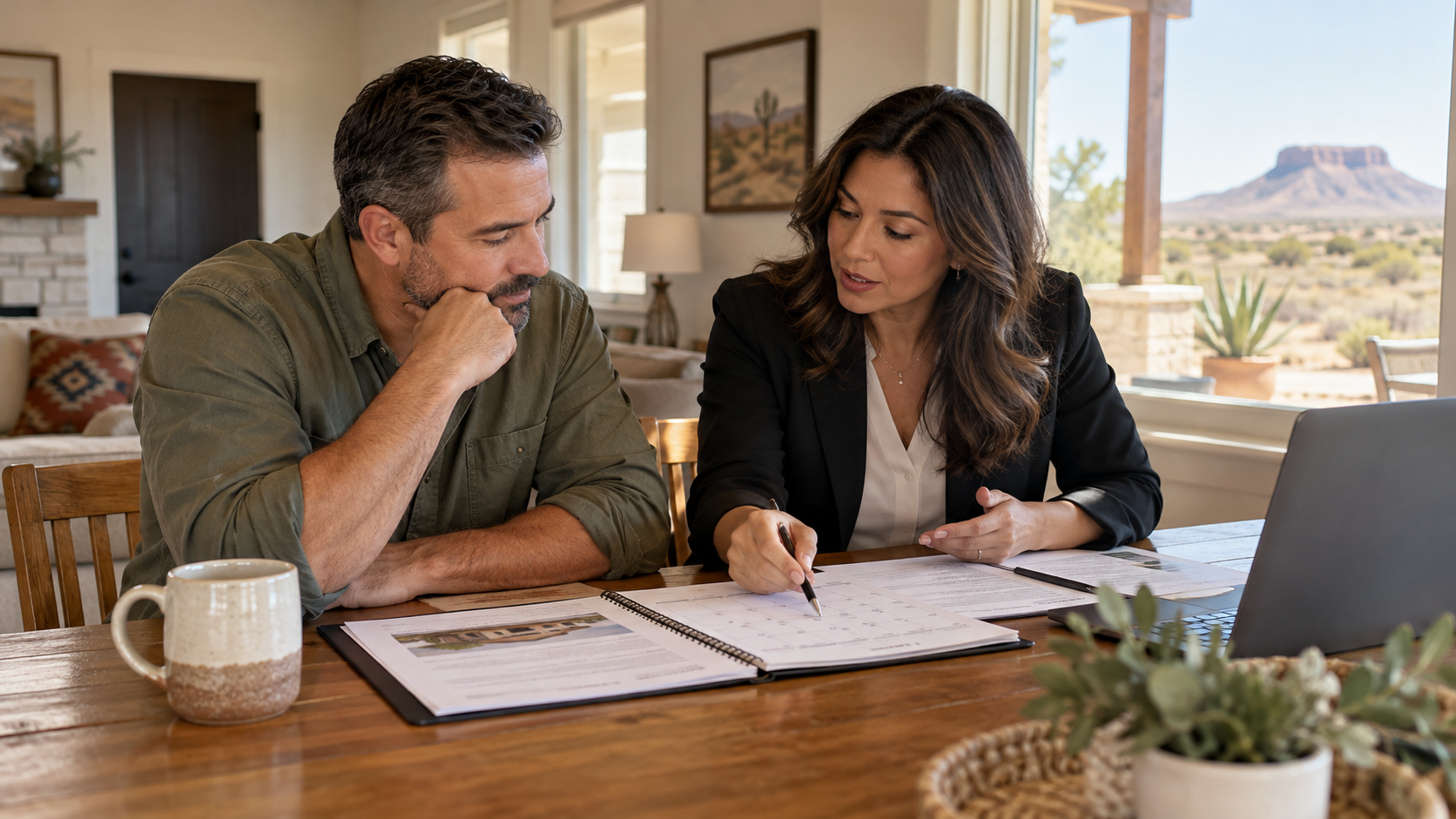 Illustrative scene: a homeowner reviewing mortgage paperwork with a West Texas neighborhood outside.