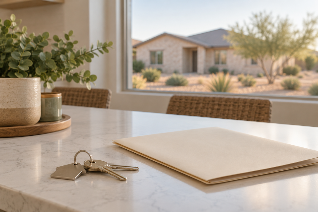 Illustrative still life of house keys and a blank folder near a home; not a specific family or property.