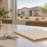 Illustrative still life of house keys and a blank folder near a home; not a specific family or property.