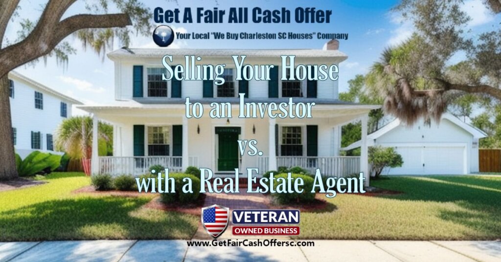 This image shows a house for sale in Charleston. The house is a two-story colonial with a white exterior and green shutters. There is a front porch with a swing and a mailbox. The yard is well-maintained with a lawn, trees, and flowers.