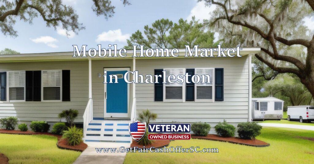 This image shows a mobile home in Charleston, South Carolina with a upward graph in the background of the image showing that Mobile homes are a popular form of housing in Charleston, and the market for mobile home investing is growing.