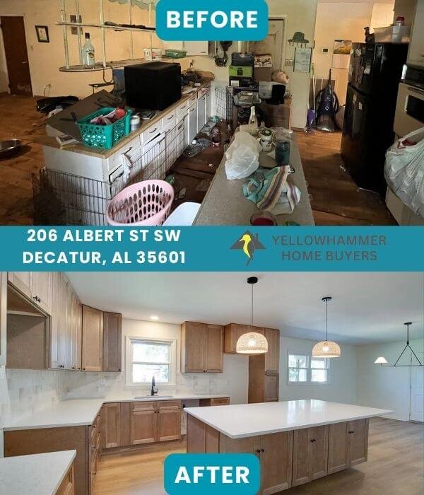 before and after of a remodeled kitchen in a house purchased with cash by Yellowhammer Home Buyers at 206 Albert St SW Decatur, Al 35601