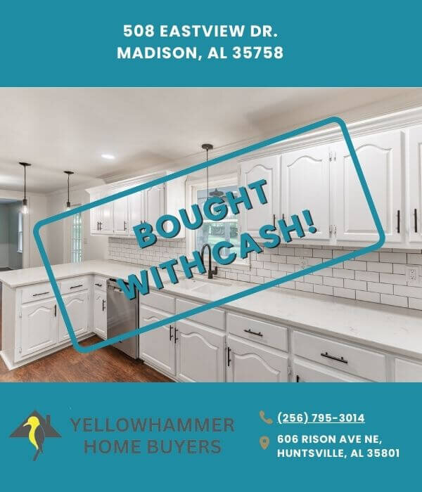 remodeled kitchen in a house purchased with cash by Yellowhammer Home Buyers at 508 Eastview Dr, Madison, AL 35758
