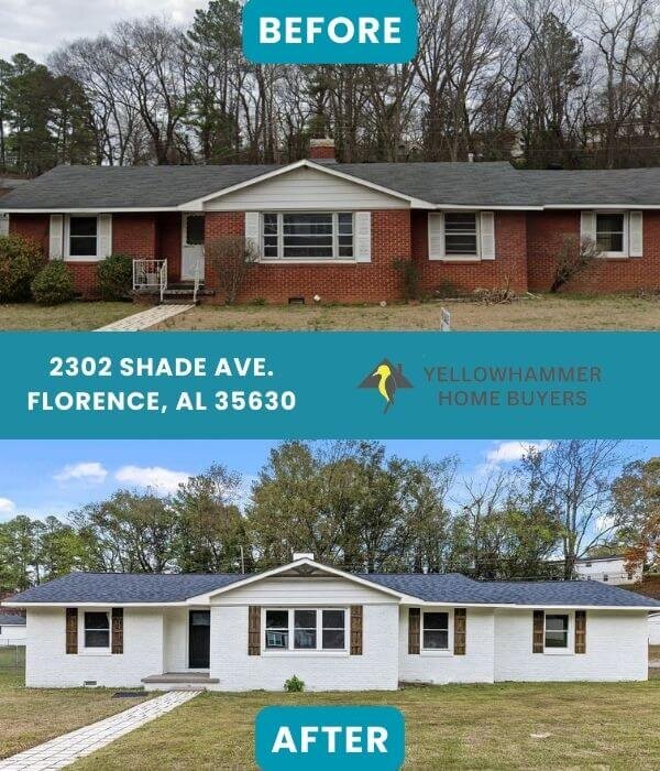 before and after image of the exterior of house bought and remodeled by Yellowhammer Home Buyers at 2302 Shade Ave, Florence, AL 35630