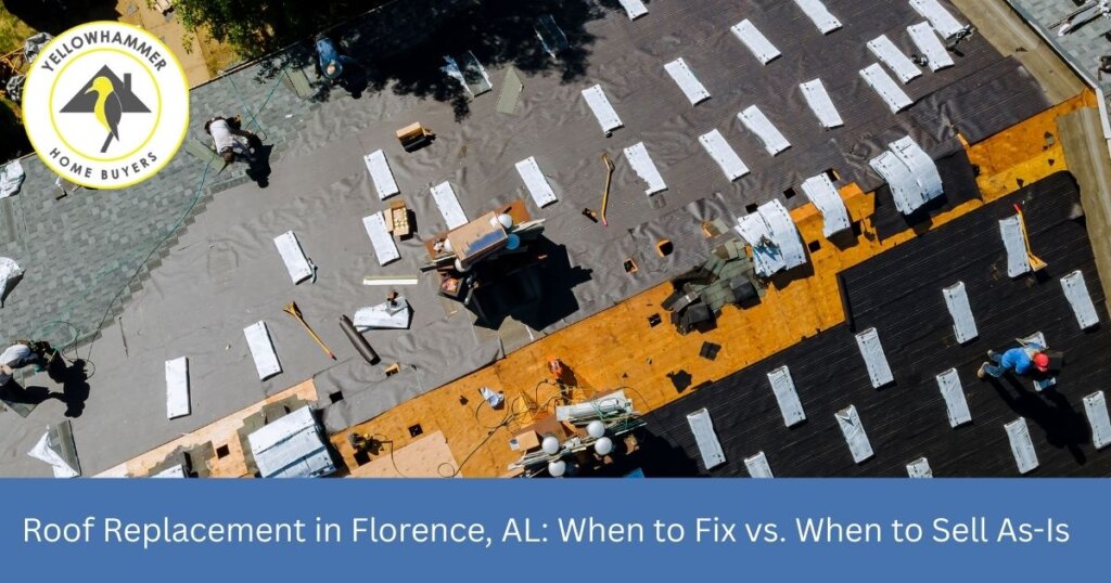 Damaged roof in Florence Alabama requiring replacement or repair