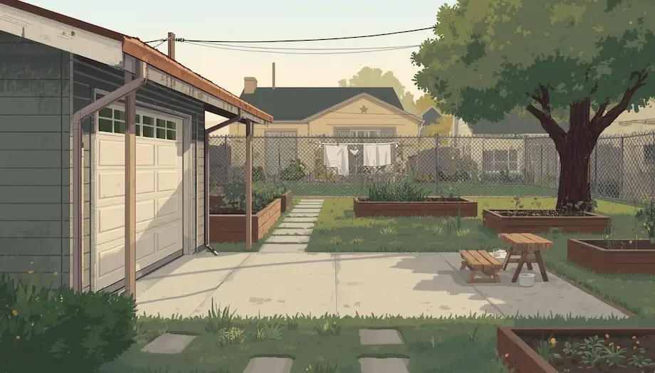 Backyard of a Glendale home in Salt Lake City showing an older detached wood-frame garage, garden beds, and mature fruit trees