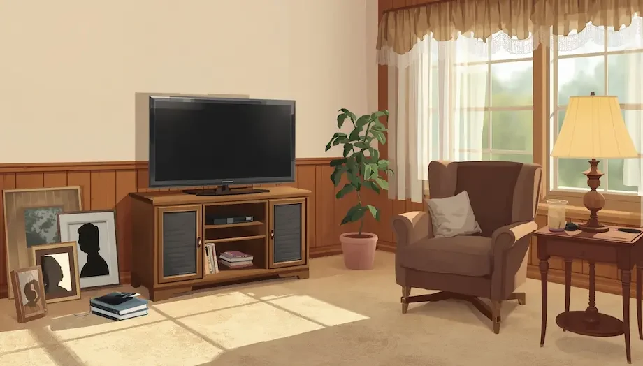 Interior of a Glendale home in Salt Lake City showing original wood paneling, worn carpet, vintage furnishings, and family photos before sale preparation