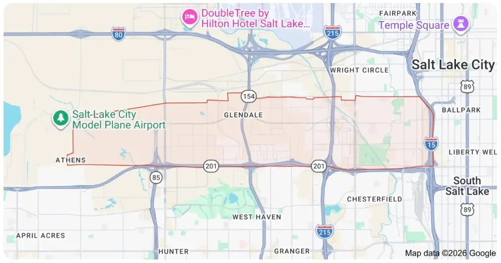 Map of the Glendale neighborhood boundary in Salt Lake City showing the westside area from 900 South to California Ave between I-15 and Redwood Road