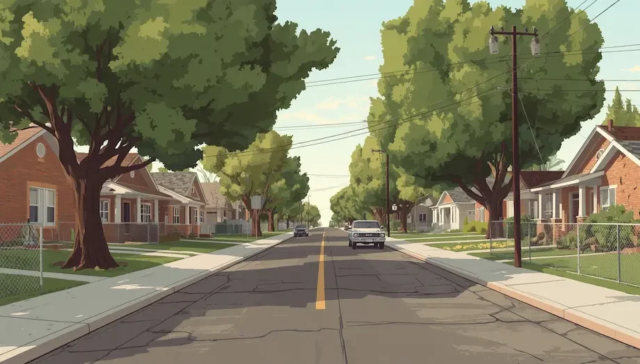Residential street in the Glendale neighborhood of Salt Lake City with 1950s brick homes, mature trees, and chain-link fences