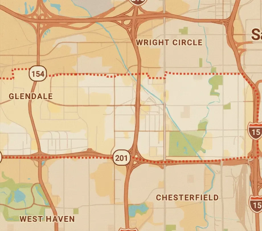 Map of the Jordan Park area within Glendale, Salt Lake City showing the blocks around the International Peace Gardens