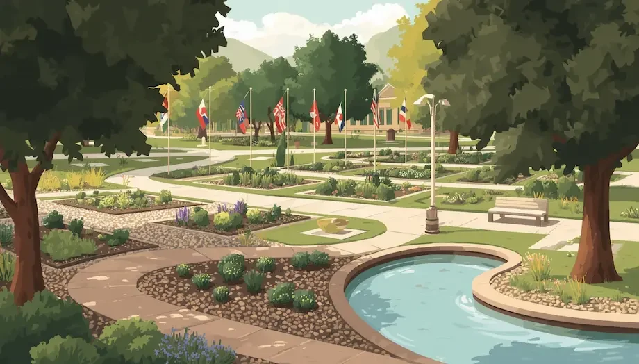 International Peace Gardens at Jordan Park in the Glendale neighborhood of Salt Lake City with themed garden plots and the Jordan River nearby