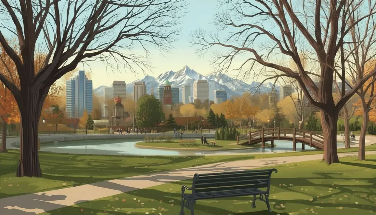Liberty Park in Salt Lake City, the namesake of the Liberty Wells neighborhood, with mature trees, pond, and Tracy Aviary visible