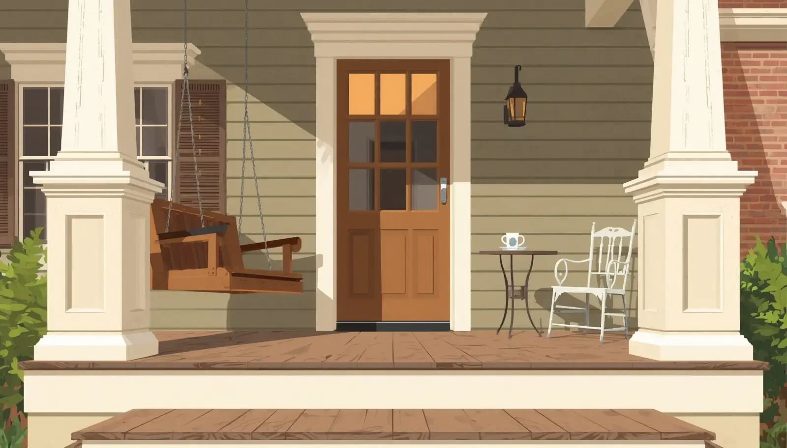 Detail view of a craftsman-style covered front porch on a historic Liberty Wells bungalow with wooden columns, porch swing, and original front door