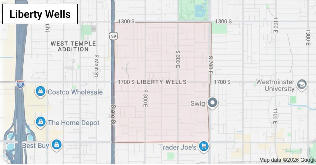 Map of the Liberty Wells neighborhood boundary in Salt Lake City, bounded by 800 South, 2100 South, I-15, and 700 East, with Liberty Park on the east