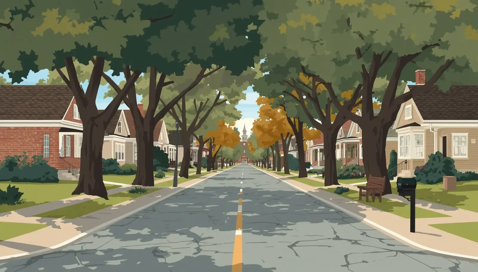 Tree-lined residential street in Liberty Wells, Salt Lake City, with multiple historic bungalows under a mature elm canopy
