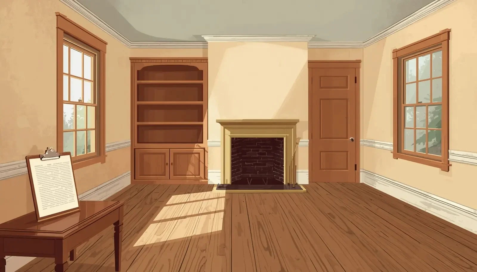 Interior of a vintage Liberty Wells bungalow showing original hardwood floors, built-in bookshelves, plaster walls, and picture rail molding