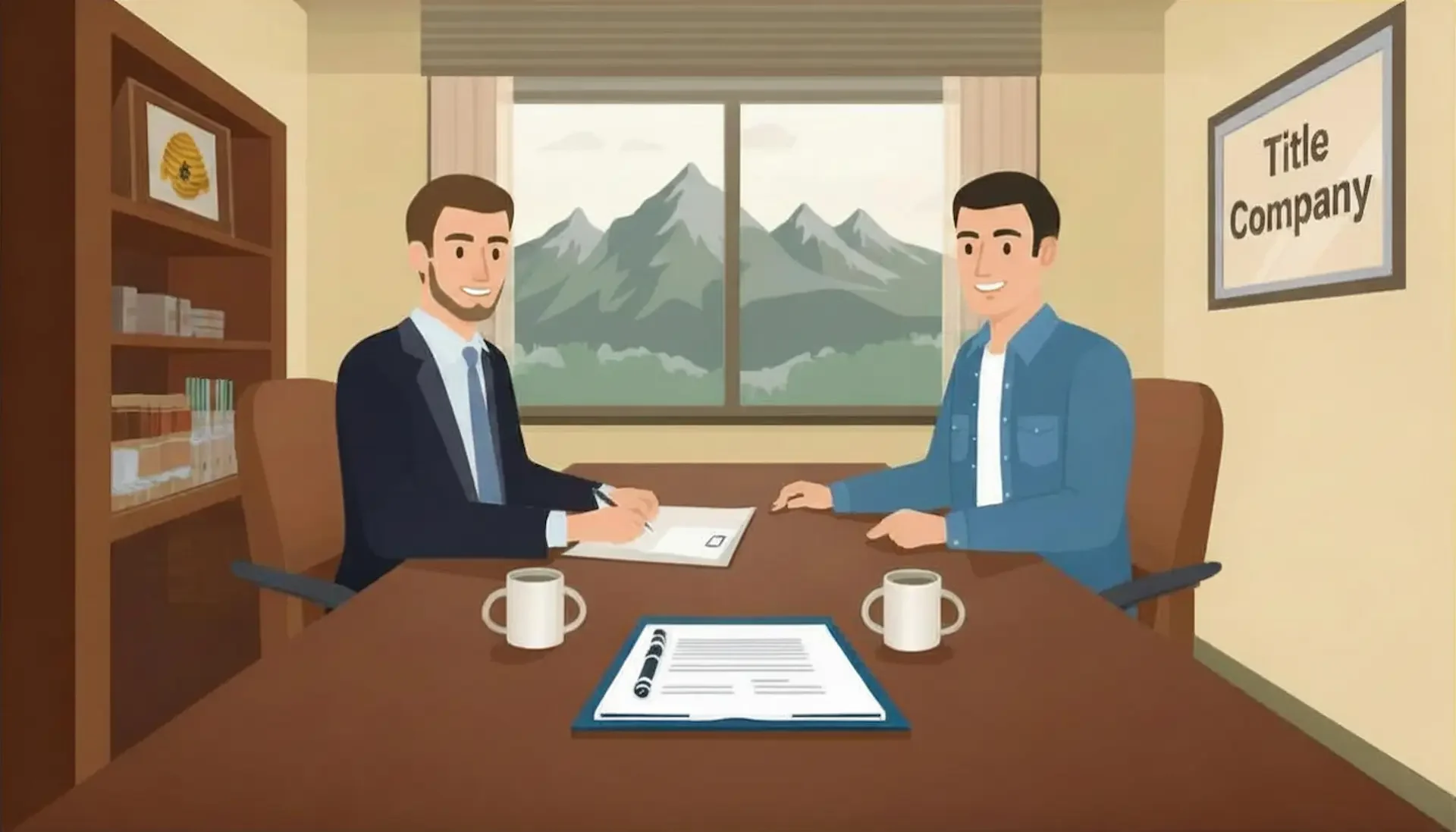 Cash Home Buyers Salt Lake closes every transaction at a Utah-licensed title company — title officer reviewing closing documents with seller in Salt Lake County