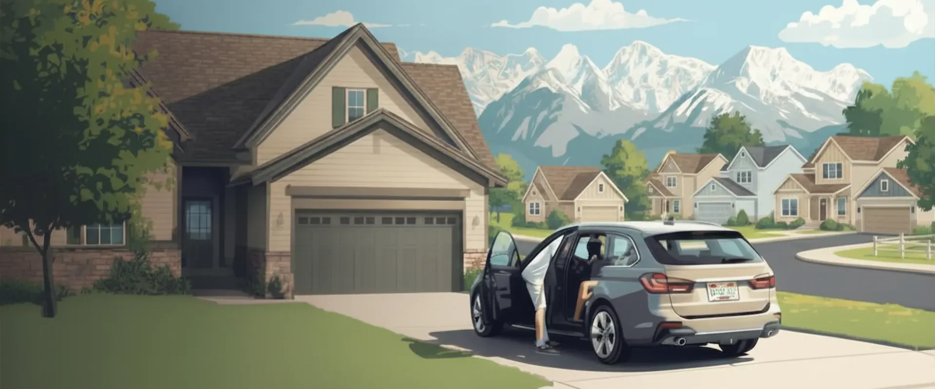 Salt Lake County homeowner loading belongings into car after selling their home for cash, with snow-capped Wasatch Mountains in the background