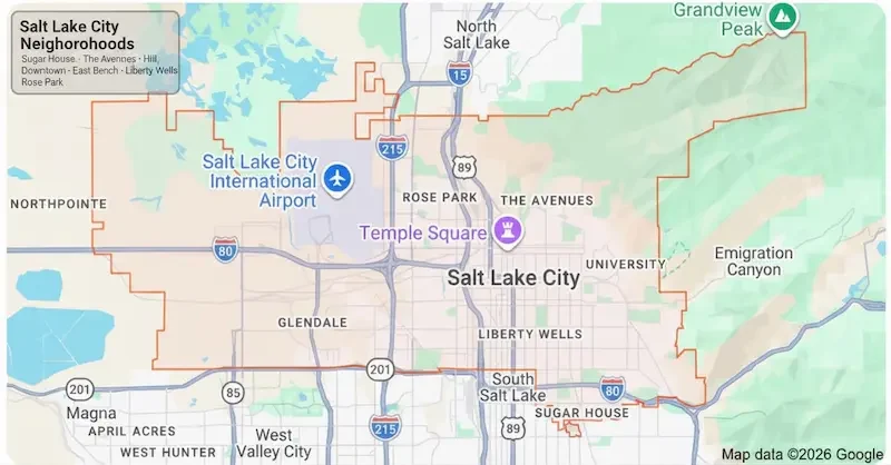 Cash Home Buyers Salt Lake buys homes throughout urban Salt Lake City — Sugar House, The Avenues, Capitol Hill, Downtown, East Bench, Liberty Wells, Glendale, and Rose Park
