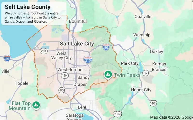 Cash Home Buyers Salt Lake purchases homes throughout Salt Lake County — from urban Salt Lake City neighborhoods south through Sandy, Draper, and Riverton