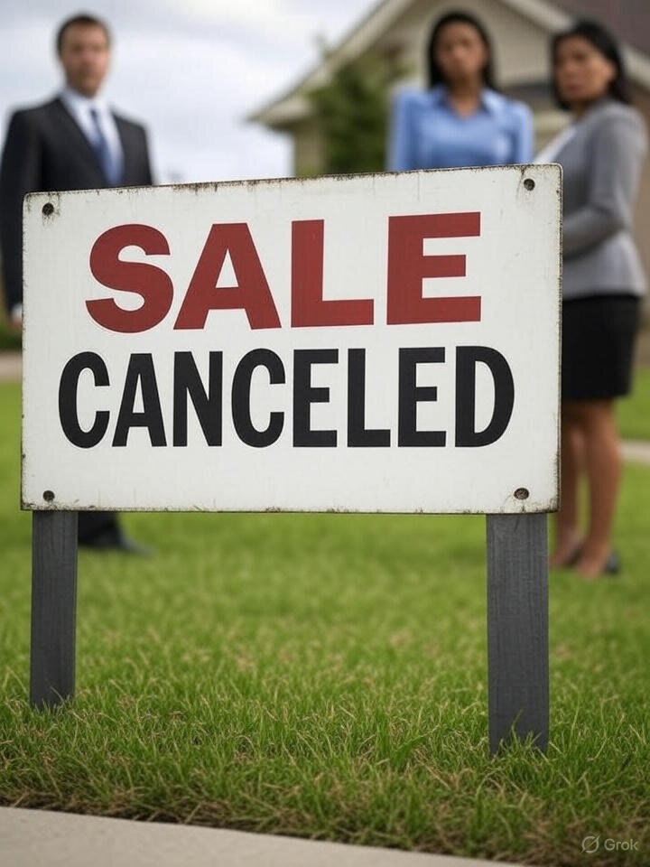 Frustrated home seller standing in front of a house with a "Sale Canceled" sign — representing recent increase in canceled home sales.