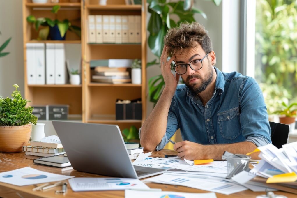 Businessperson Caught in a Storm of Unpaid Bills, Depicting Financial Distress.