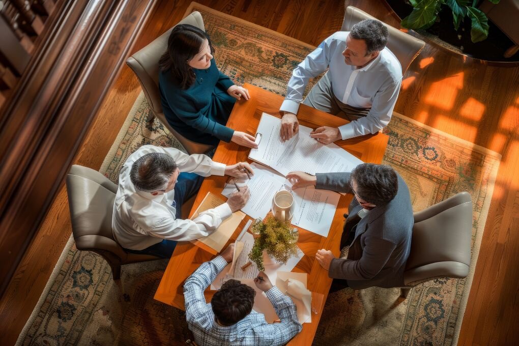 Family Discusses Estate Planning with Legal Documents around a Wooden Table.