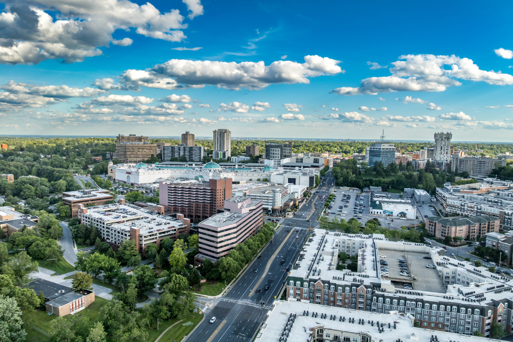 Bird's eye view of Towson, Maryland.
