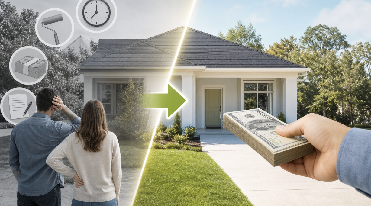 Illustration comparing repairs and a direct cash home sale in Baymeadows, Jacksonville