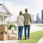 Illustration of a Jacksonville couple preparing to downsize and move from their house