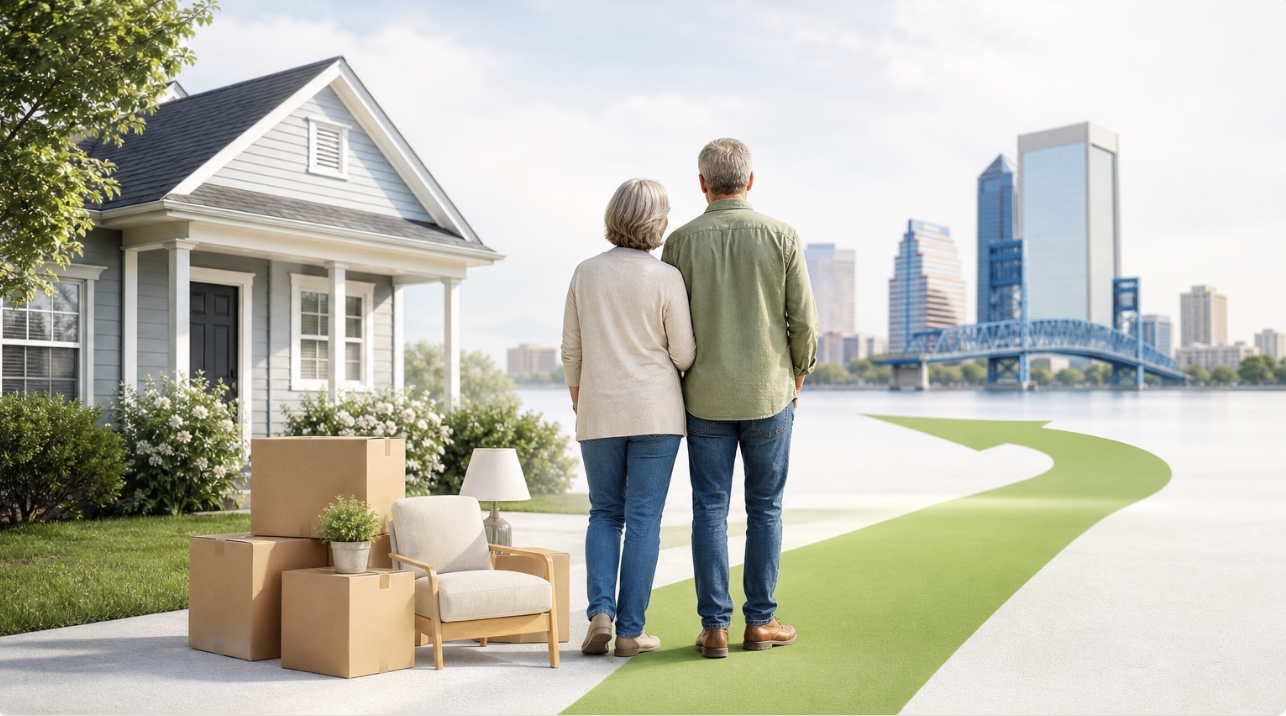 Illustration of a Jacksonville couple preparing to downsize and move from their house