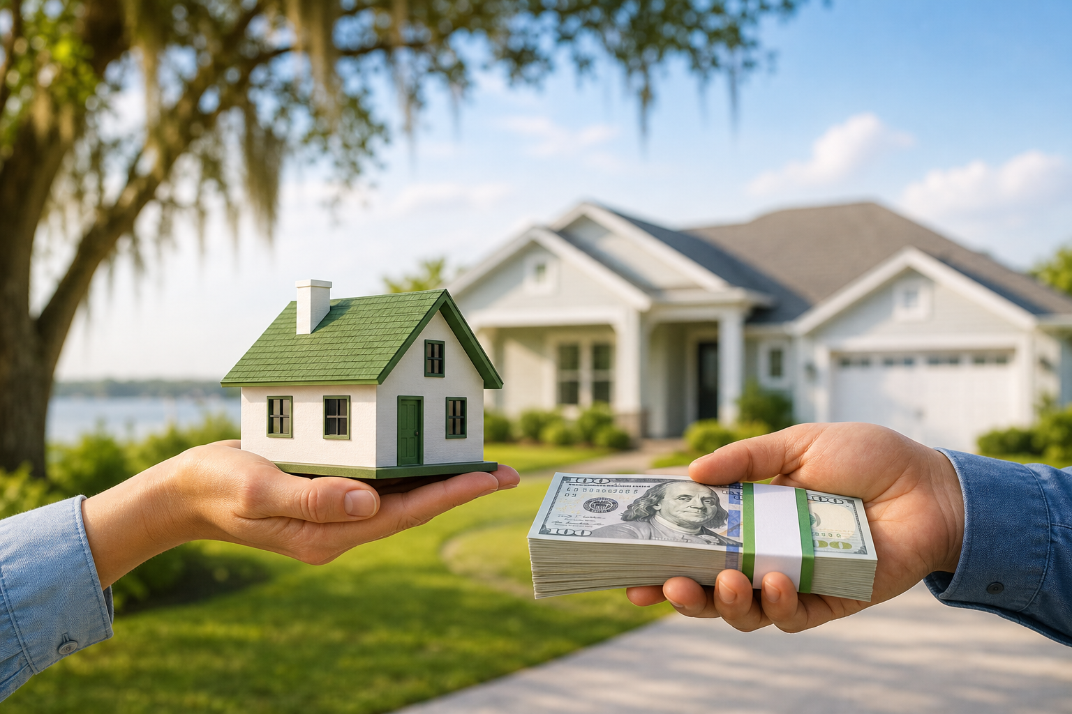 House model and cash representing a direct home sale in Green Cove Springs Florida