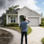 Conceptual split-scene showing a homeowner, a distressed side with a house and cityscape, and a hand offering cash.