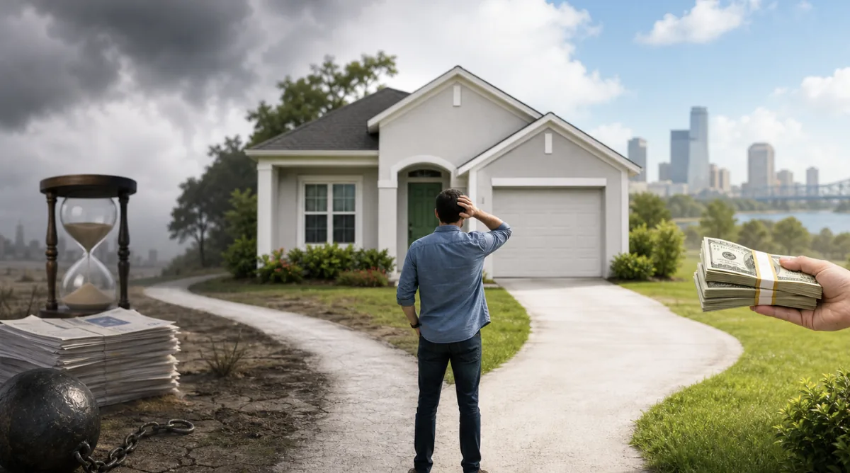 Conceptual split-scene showing a homeowner, a distressed side with a house and cityscape, and a hand offering cash.