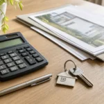 Calculator, house keys, and property evaluation paperwork